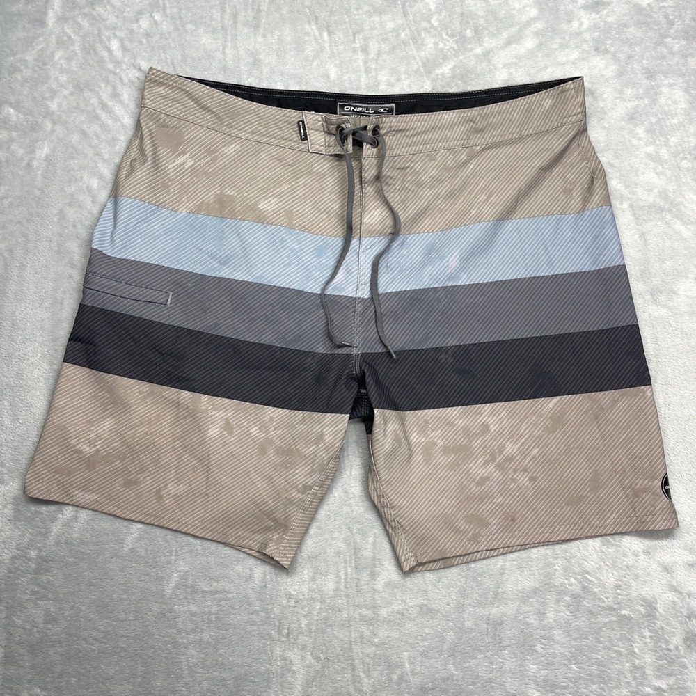 ONeill Hyperfreak Mens Board Shorts Size 38 Tan Blue Striped Stretch Swim Trunks